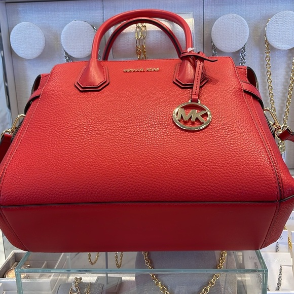Michael Kors Mercer Medium Top-Zip Belted Satchel Crossbody Purse 
BRIGHT RED
NW - Picture 11 of 16
